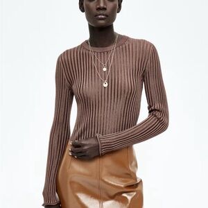 H&M Brown Sheer Ribbed Long Sleeve Top